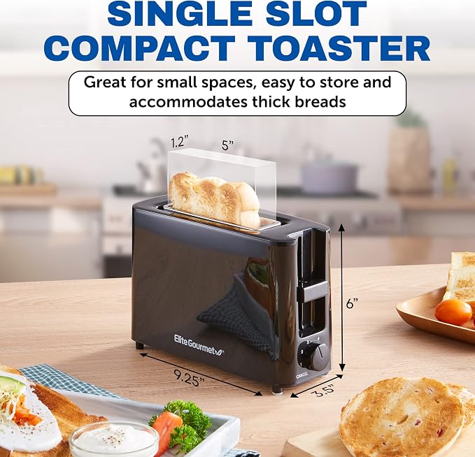 Elite Gourmet ECT118B Cool-Touch Single-Slice Toaster, Wide Slot, Black | 6 Toasting Levels, Fits Bagels, Waffles, Specialty Breads, Pastry & Snacks