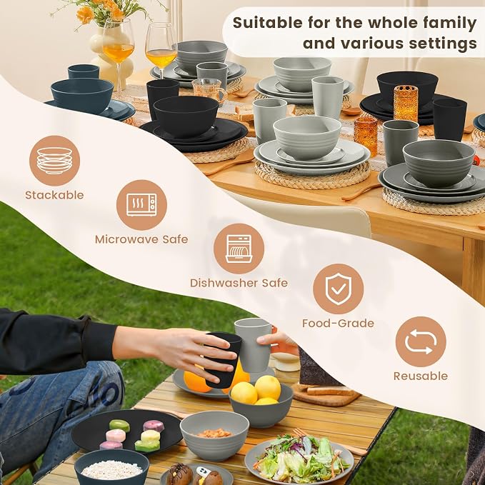 Premium 40 PCS Wheat Straw Dinnerware Set - Dinner Plates, Cereal Bowls, Unbreakable Cups Set, Microwave and Dishwasher Safe Dishes Set, Reusable Lightweight Dish Sets for Kitchen(Black Grey)