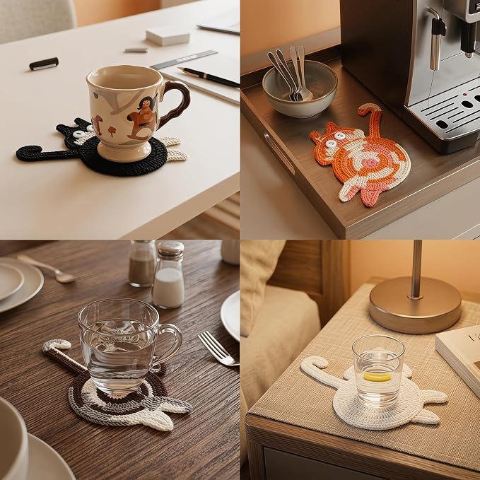 Cat Gifts for Cat Lovers 5PCS Cat Coaster Woven Creative Cat Coaster