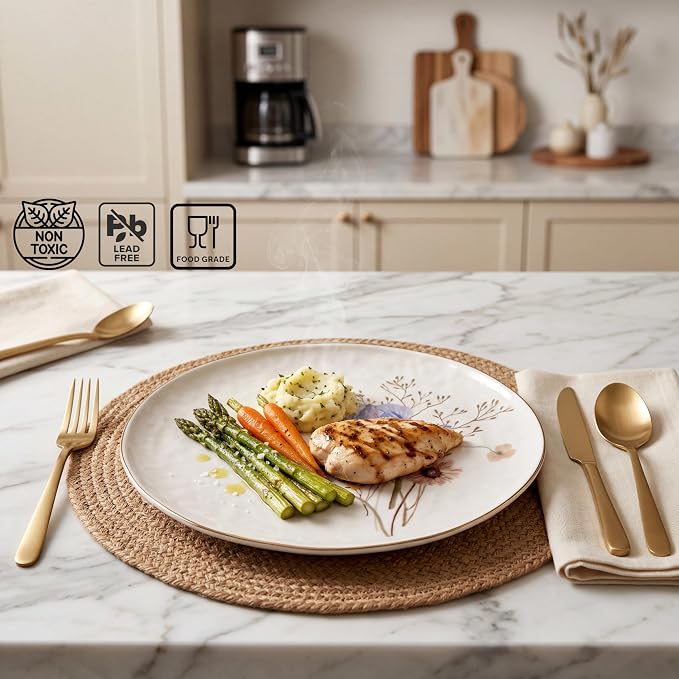 Sango 12-Piece Luxury Porcelain Dinnerware Set for 4- Glossy White Plates and Bowls Sets with Wildflower Patterns and Gold Rims, Ceramic Dish Set, Elegant Dishes for Everyday Dining, Gansevoort