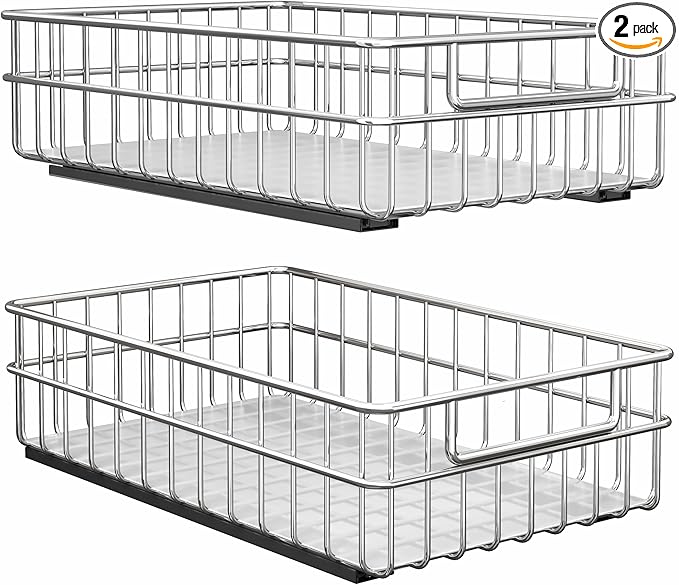 Pull out Cabinet Organizer, Stainless Steel 2-Pack (9.8"W x 16.5"D) Full-Extension Slide out Drawer, Adhesive Roll out Can Spice Storage Basket Shelf Rack for Pantry, Kitchen, Bathroom, Home Closet