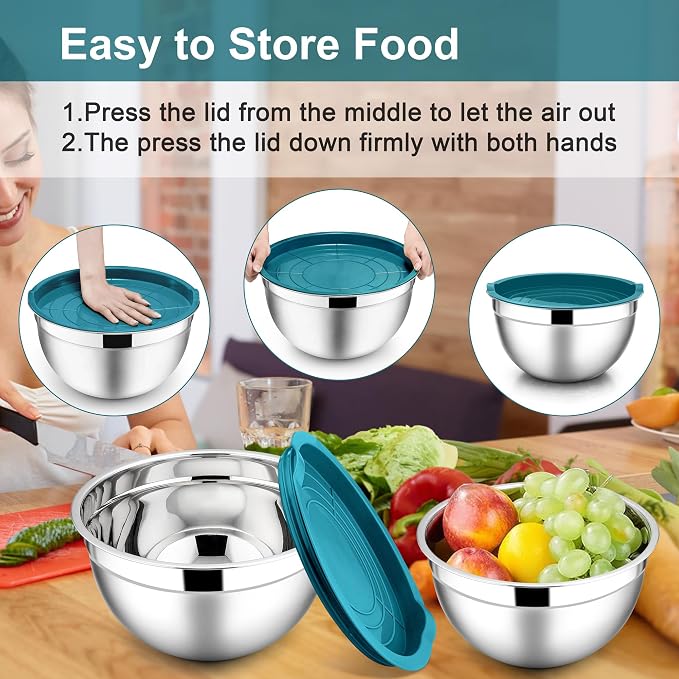 E-far Mixing Bowls with Lids Set, 6-Piece Stainless Steel Salad Bowls | Metal Nesting Cooking Bowls with Airtight Lid for Kitchen Storage, Baking & Prepping, Dishwasher Safe, 1.5/3/4.5 QT, Blue
