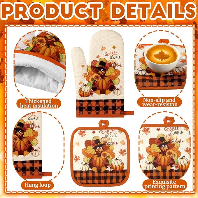 Fanfanwin 10 Pcs Fall Thanksgiving Turkey Kitchen Decor Set Kitchen Towels Pot Holders Oven Mitts and Rugs Set Thanksgiving Towels for Baking Cooking BBQ Autumn Home