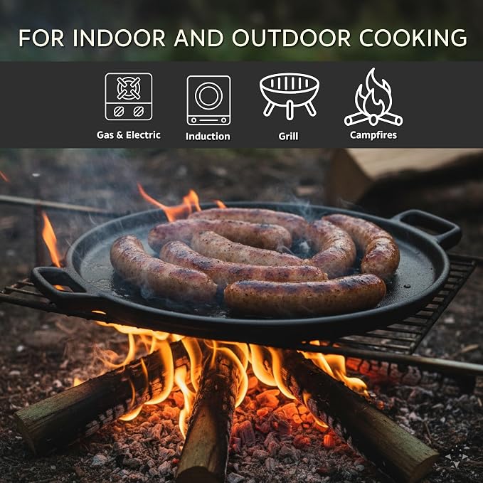 Home-Complete Cast Iron Pizza Pan, Even-Heating Cast Iron Cookware, 14” | Round Pizza Pan for Oven, Stovetop, Grill, or Campfires, Nonstick Griddle with Dual Handles