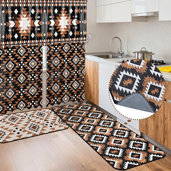 13 Pcs Western Aztec Kitchen Decor Set with Western Kitchen Towel American Decorative Nonslip Mats Curtains Southwest Valance Pot Holders Oven Mitts for Home Decoration Cooking Baking Gift