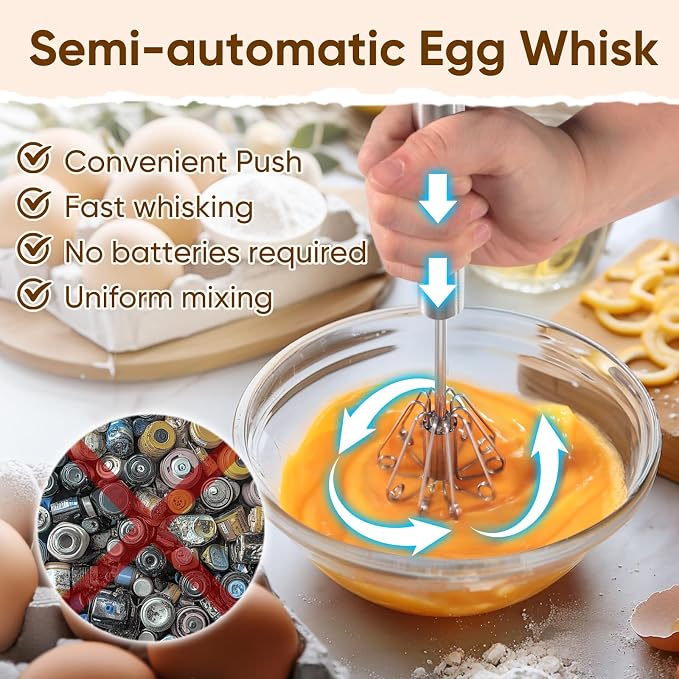 Whizzy Whisk, Stainless Steel Egg Whisk, Hand Push Rotary Whisk Blender, Versatile Milk Frother, Hand Push Mixer Stirrer for Blending, Whisking, Beating & Stirring (12in)