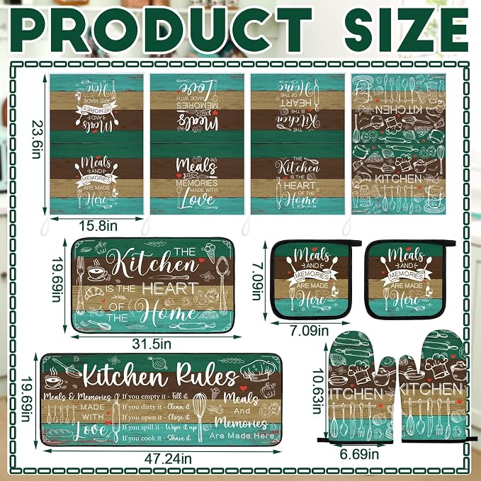 Fourluoo 10 Pcs Teal and Brown Kitchen Decor Set Farmhouse Oven Mitts and Pot Holders Sets Turquoise Dish Towels Kitchen Rugs and Mats for Home Decorations Baking Cooking Birthday Summer Gifts