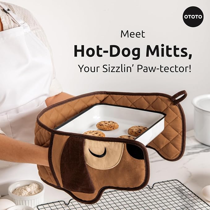 OTOTO Hot-Dog Double Oven Mitts Cute Funny - Gifts for Dog Lovers, Dachshund Themed Gifts, Heat Resistant, Kitchen Gadgets (Brown)