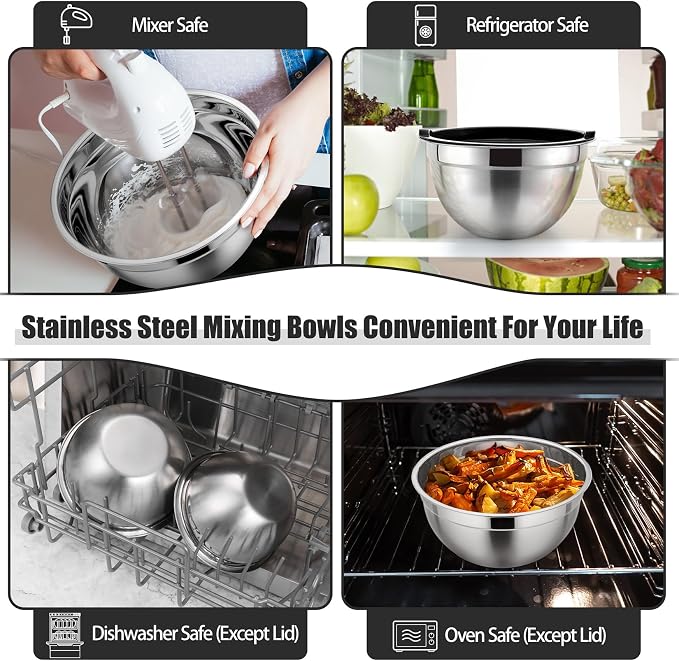 P&P CHEF Stainless Steel Mixing Bowls with Lids, Set of 3, Black | Nesting Salad Bowl, Sturdy& Rust Proof, Airtight & Stackable, Suit for Mixing, Storing, Prepping, 3 Size - 4.6/3 /1.5 QT
