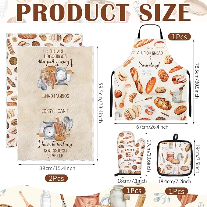 Hahafelt 5 Pcs Sourdough Gifts: Apron Kitchen Towels Oven Mitt Pot Holder | Sourdough Baking Gift Set for Bakers, Bread Lovers, Women