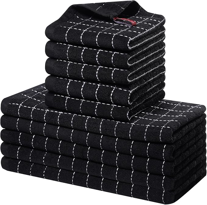 Homaxy Kitchen Towels and Dishcloths Set, Set of 10, Black | Bulk Cotton Terry Kitchen Towels, Checkered Designed, Soft and Super Absorbent Dish Towels, 12 x 12 and 13 x 28 Inches