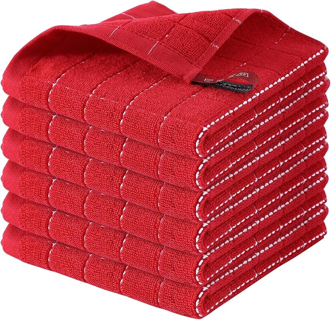 Homaxy 100% Cotton Terry Kitchen Dish Cloths, 6 Pack, Red | Ultra Soft and Absorbent, Suitable for Drying and Washing Dishes