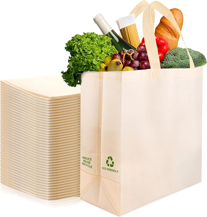 Simply Cool 50 Pack Reusable Grocery Bags, Medium Tote Bags Bulk, Cream | 12.6"x6.3"x11.8" Heavy Duty Non-woven Custom Shopping Bags with Handles, Foldable, Washable for Retail and Commercial use