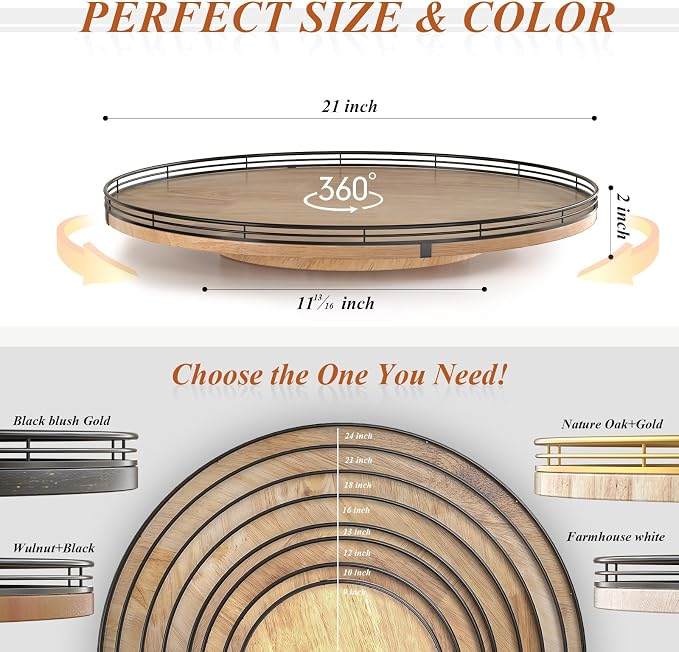 AMH 21-Inch Extra Large Farmhouse Oak Lazy Susan Organizer | Smooth rotating oak tray with walnut finish for dining tables, kitchen counters, pantries and cabinet storage.