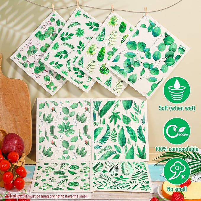 Lucomb Sedish Dishcloth (8 Pack-Green Plants)