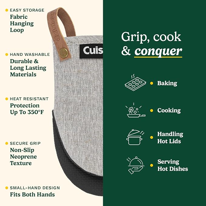 Cuisinart Heritage Mini Oven Mitts, 2-Pack, Neoprene, Heat Resistant 350F | Cotton-lined, non-slip neoprene palm, ambidextrous design, leather hang loop, ideal for smaller hands and everyday cooking