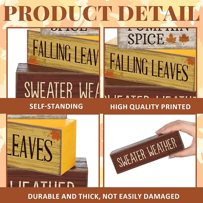 Lineshading 4 Pcs Fall Pumpkin Decor Fall Table Decoration Thanksgiving | Rustic Block Signs with Fall Sayings, Tiered Tray Farmhouse Decor for Autumn Table, Wood Pumpkins Topper with Jute Bows