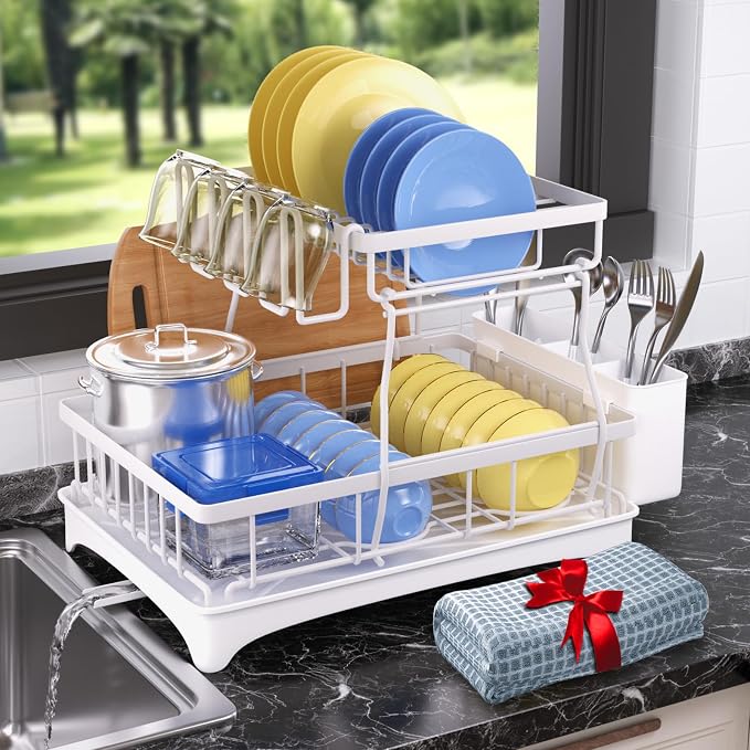 2-Tier Dish Drying Rack - Dish Rack with Auto Drain-to-Sink & Mat | Dish Racks for Kitchen Counter, Dish Drainer with Knife Fork & Cup Rack, Gifts for Women, Mothers Day, Kitchen Gadgets, White
