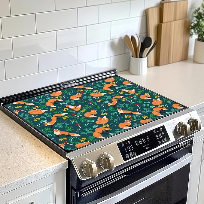 Cute Foxes Stove Top Cover Glass Cooktop Heat Resistant Cover,Mushrooms Ceramic Stove Top Covers Mat Prevents Scratching Stoves/Counter/Washer Protector, 28x20 in