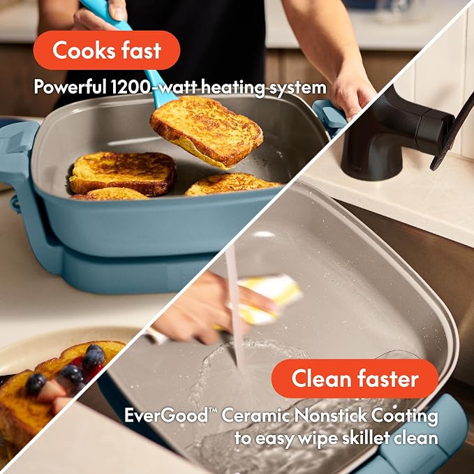 bella Make & Take Electric Skillet, Fits-anywhere™ kitchenware, EverGood™ Ceramic Coating, Adjustable Temperature & Dishwasher-Safe Tempered Glass Lid, Cast Aluminum Base, 1200 Watt, Surf