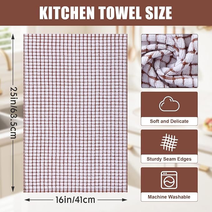Mordimy Premium Cotton Kitchen Towels 16"x 25", Brown Check Design, 8 Pack | Super Absorbent Terry Kitchen Hand Towels, Large Natural Ring Spun 360 GSM Dish Towels, Soft Tea Towels with Hanging Loop