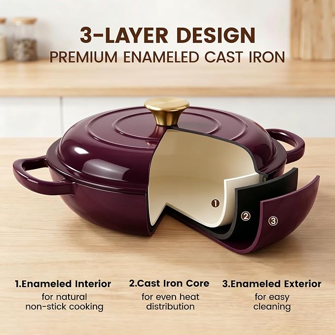 Vintage Style 3 Quart Enameled Cast Iron Braiser, Non Stick Enameled Cast Iron Skillet with Lid, Dutch Oven Skillet with lid up to 500°F for Oven, Stove, Grill, Shallow Dutch Oven for Cook, Bake (Fig)