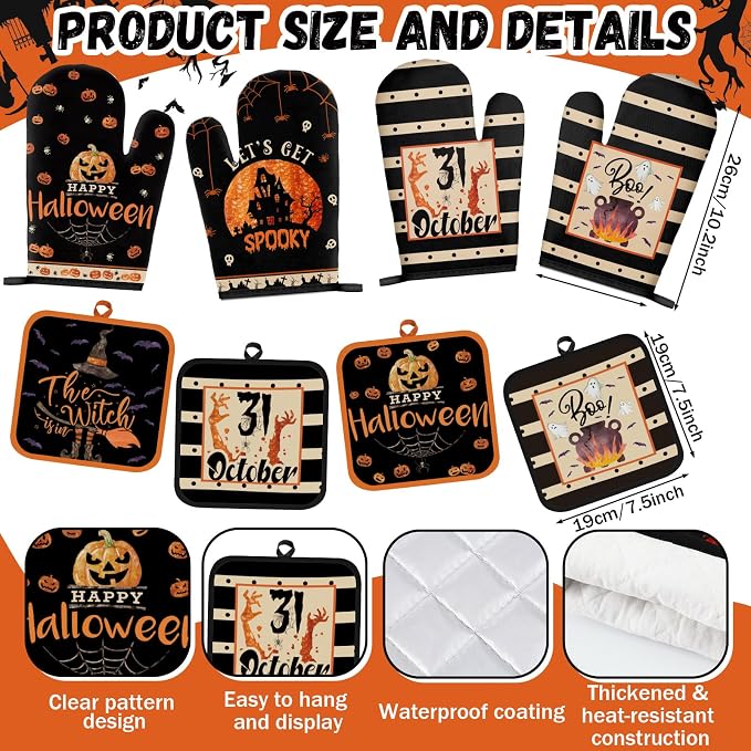 SiliFine 12 Pcs Halloween Spooky Kitchen Accessories Set Pumpkin Witch Pot Holders Ghost House Oven Mitts Spider Bat Kitchen Towels for Halloween Home Decorations, Cooking Baking