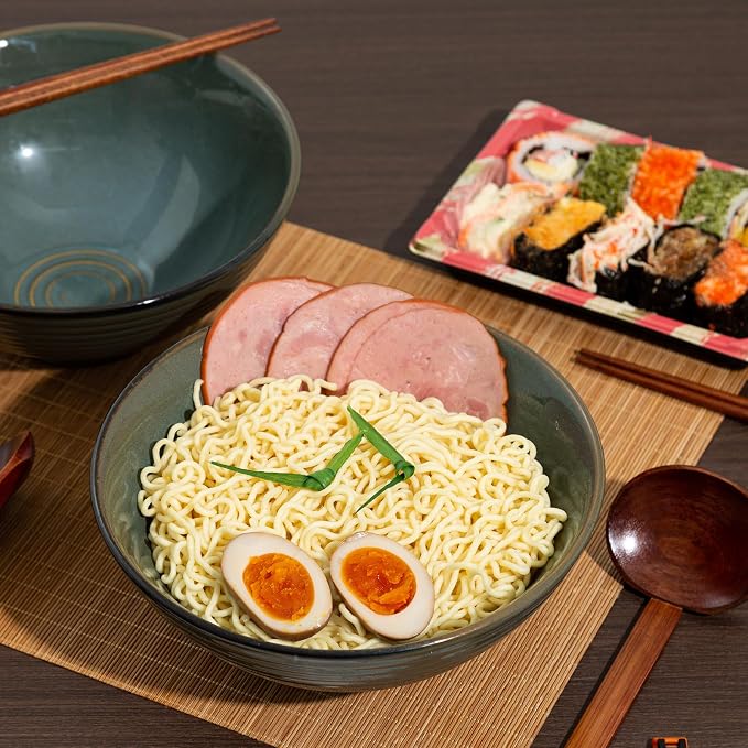 8 Inch Ceramic Ramen Bowl Set of 2, 40oz Japanese Bowls with Spoons & Chopsticks,Durable,Microwave & Dishwasher Safe,Perfect for Ramen,Pho,Salad,Soup,Noodles，Mixing bowls（Dark Teal）