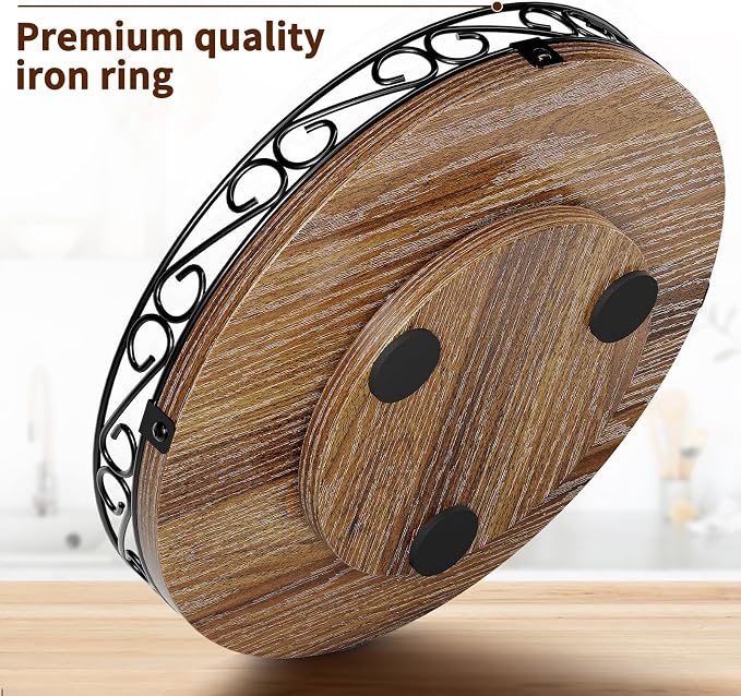 9'' Lazy Susan Turntable Organizer for Table Top, Wooden Lazy Susan Cabinet | Farmhouse Rotating Decor Tray for Dining Table, Pantry, Kitchen Countertop, Spice, Bathroom Vanity, Round Patterned Rim,Brown