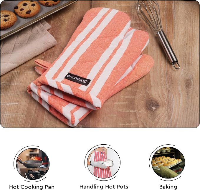 Encasa XO Oven Mitts, Heat Resistant Kitchen Gloves, Microwave | Franca Orange Stripes, 100% Cotton | Diamond Quilted Insulation | Pot Holders | Hanging Loop | Barbecue & Grill | Set of 2