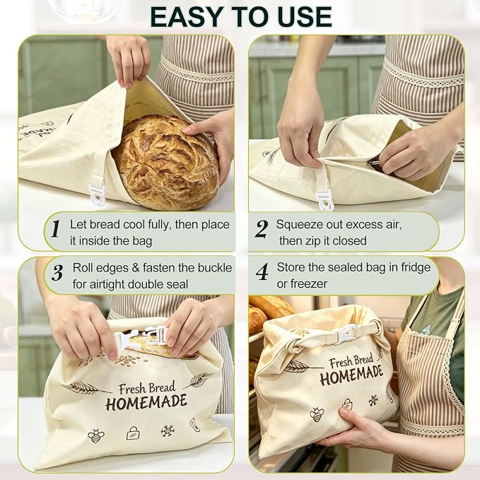 Zippered Beeswax Bread Bags, XL 17"x13" Reusable Organic Cotton Cloth Storage Bags for Homemade Sourdough Loaves, Fresh-Keeping, Freezer-Safe & Eco-Friendly (2 Pack)