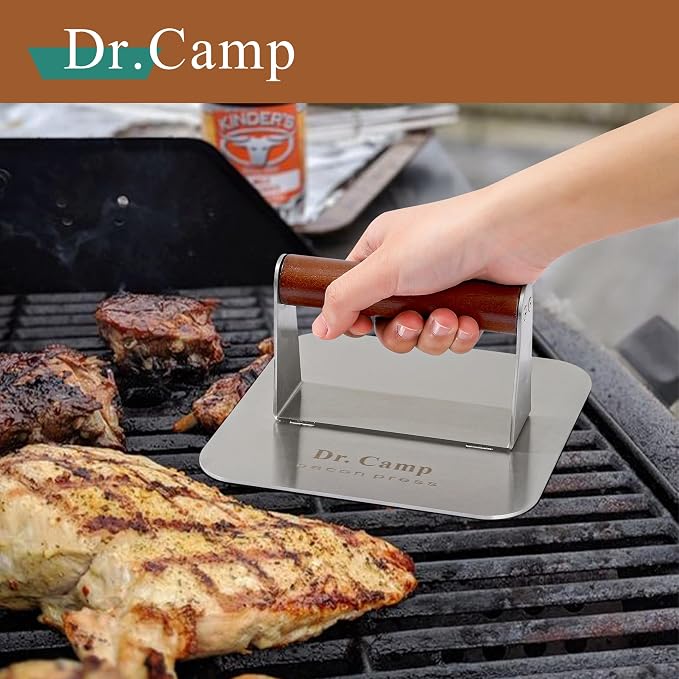 Dr.Camp 7 Inch Stainless Steel Burger Press with Real Wood Handle Heavy Duty Bacon Press Grill Press for Griddle Flat Top Smash Burger Press Hamburger Smasher Meat Press (Square)