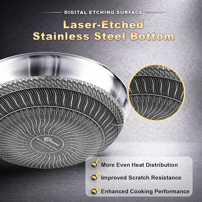 13 Inch Hybrid Nonstick Wok with Lid, Double-Sided Ceramic Coating | Honeycomb Stainless Steel Wok Pan | Long Handle | Induction Compatible | Oven & Dishwasher Safe