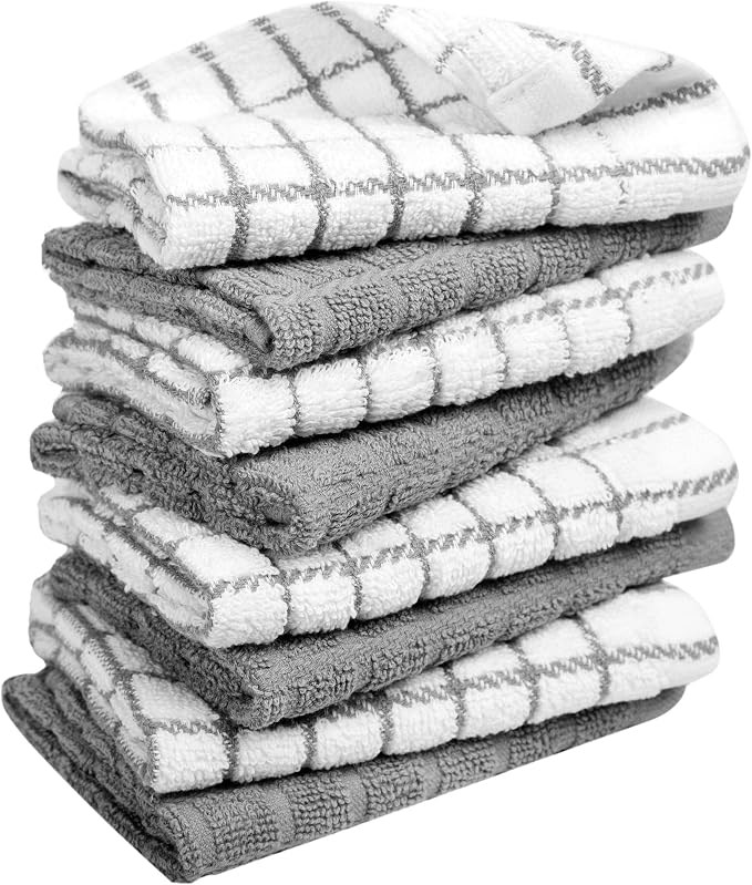 Bumble Dish Cloths (8-Pack), 100% Cotton Kitchen Towels, 12"x12" - Gray | 405 GSM | Soft, Highly Absorbent & Durable Dish Towels for Kitchen