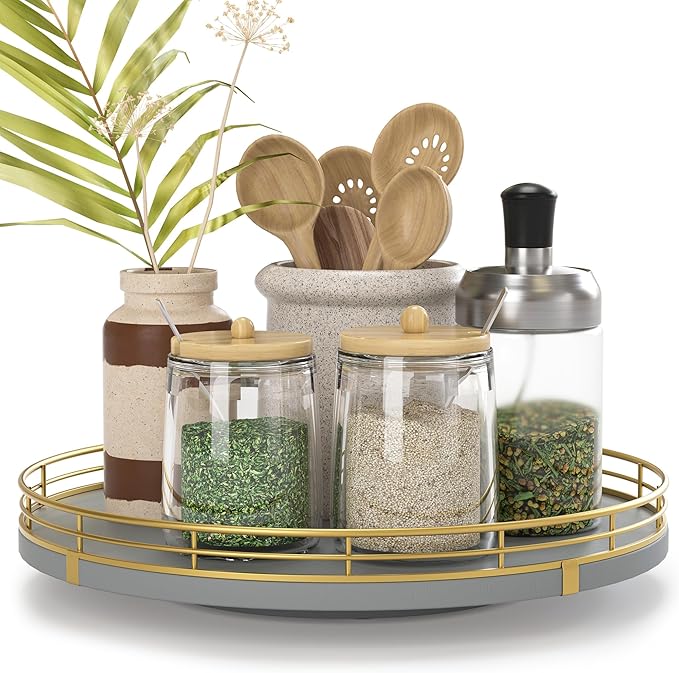 Oroutor 10-Inch Gray Wooden Lazy Susan Spice Organizer for Cabinet | Rotating oak tray organizes spices, toiletries and decor on kitchen counters, bathroom vanities, dining and coffee tables.