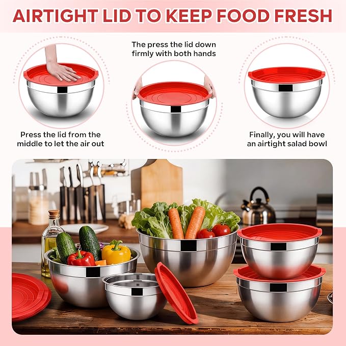 E-far Mixing Bowls with Lids Set, Stainless Steel Cooking Salad Bowls, Red | 10-Piece Metal Nesting Bowls with Airtight Lid for Kitchen Storage, Baking & Prepping, Dishwasher Safe, 0.7/1.5/2.1/3/4.6 QT