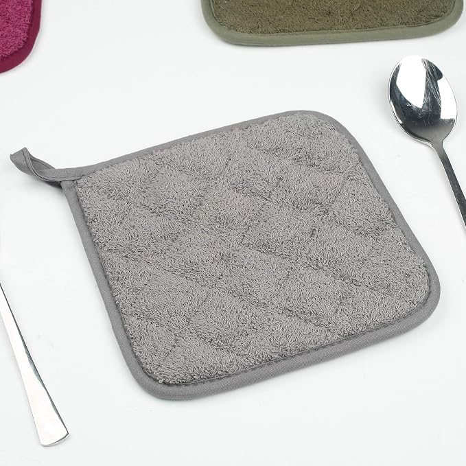 Pot Holders for Kitchen, 100% Cotton Terry Pot Holder Set of 5, Heat Resistant Hot Pads for Cooking, Baking, Hot Dishes and Countertop Protection,Grey