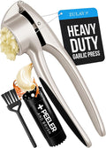 Zulay Kitchen Premium Garlic Press Set – Rust Proof & Dishwasher Safe Garlic Mincer Tool with Silicone Garlic Peeler & Brush, Easy Squeeze & Clean, Ergonomic Soft Grip Handle - Medium – Silver