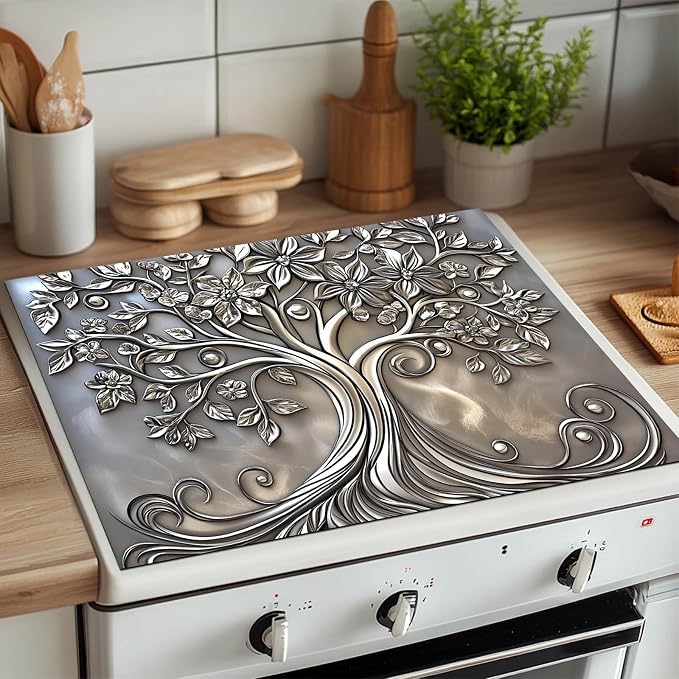 HOMETITUTE Silver Floral Tree Stove Top Cover 28x20 Embossed Diatomite Mat