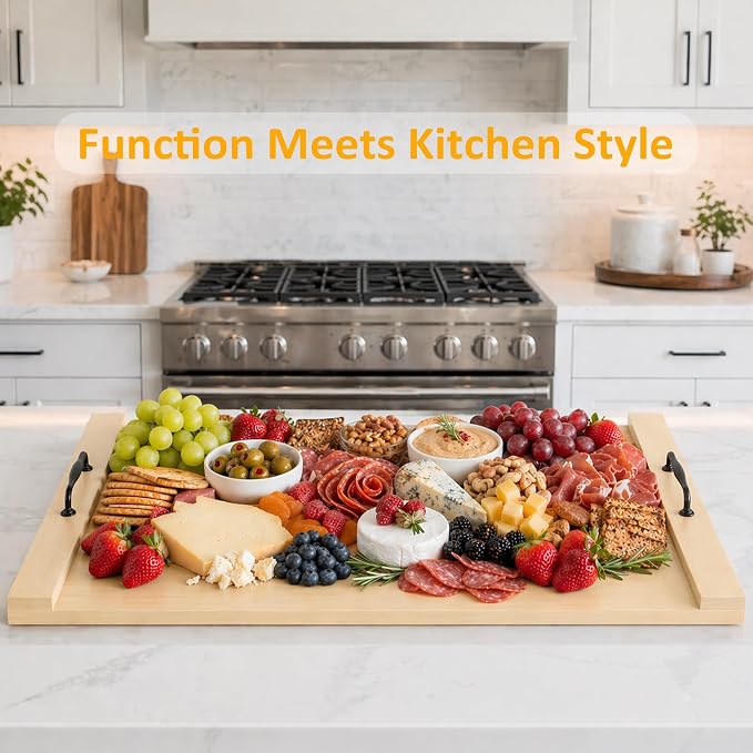 Noodle Board Stove Cover with Handles, 29.5 x 22 Inch, Natural Wood Color | Engineered Wood Cover for Electric, Gas and Glass Stove Tops, Raised Edge Serving Tray for Extra Counter Space