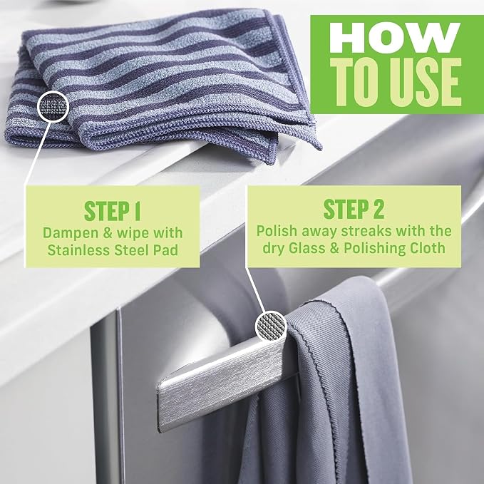 E-Cloth Stainless Steel Cleaning Cloth Pack - Wipes Clean with Water | Glass & Polishing + Stainless Steel Cleaner Cloth for Appliances, Cars & More, Reusable & Washable Towels