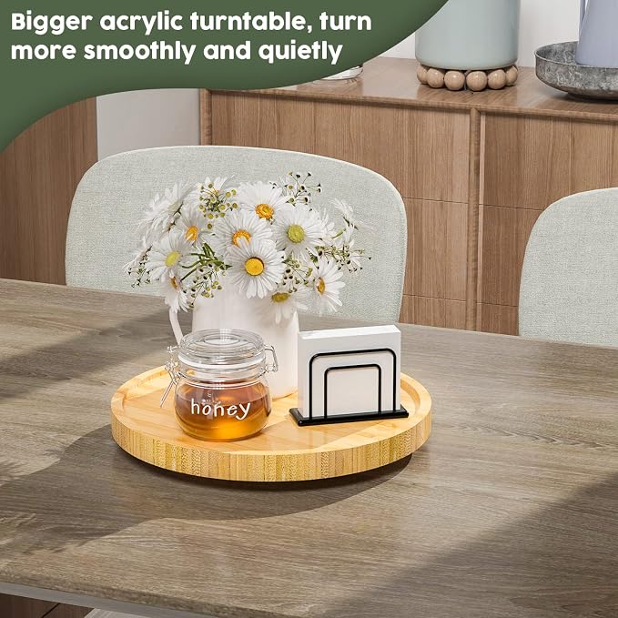 Lazy Susan Organizer, 10 Inch Non-Skid Bamboo Turntable Organizer | Salt Pepper Olive Oil and Spices Next to Stove, Wooden Lazy Susan for Table or Kitchen Countertop Organizer