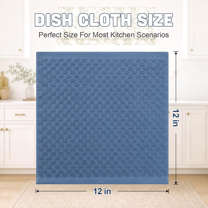 Homaxy 100% Cotton Terry Dish Cloths, 12"x12", 8-Pack, Navy Blue | Ultra Soft Absorbent Dish Towels with Hanging Loop, Pineapple Grid Designed
