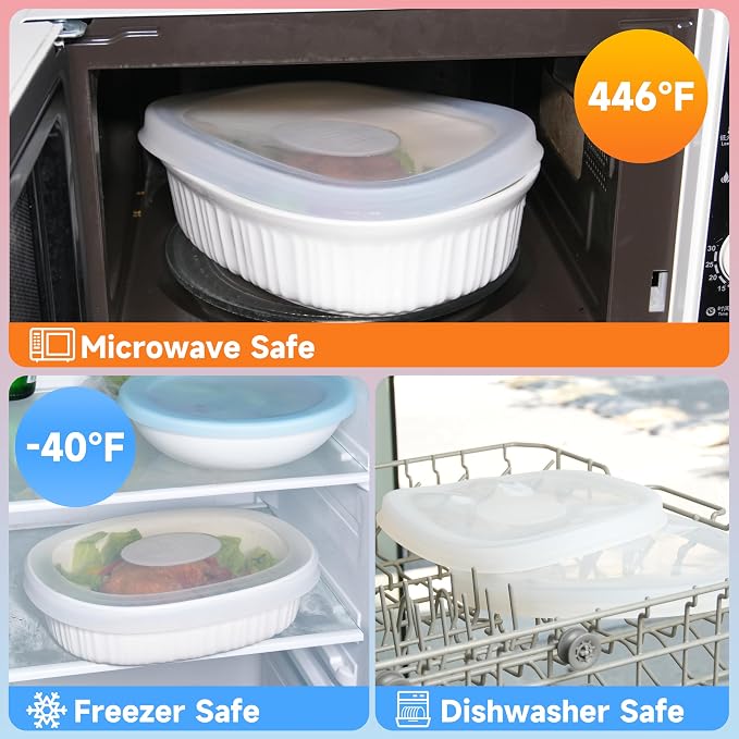 Silicone Lids for CorningWare 2.5 QT Oval Casserole Dish, 2 Pack Reusable Covers for CorningWare F-2-PC Oval French White Baking Dish (Dish not Included) Dishwasher & Microwave & Freezer Safe