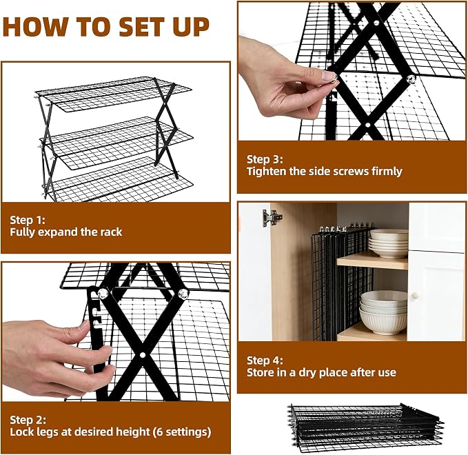 3 Tier Collapsible Cooling Rack Sourdough Cooling Rack 17"x10" | Cooling Racks for Cooking and Baking, Roasting, Grilling, Adjustable 6 Setting Design stackable, Oven & Dishwasher Safe