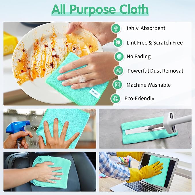 Turquoise Microfiber Cleaning Cloth -Pack of 12, Highly Absorbent Cleaning Rags, 16"X12" All Purpose Cleaning Towels for Housekeeping, Kitchen, Car, Lint Free and Reusable Microfiber Towels