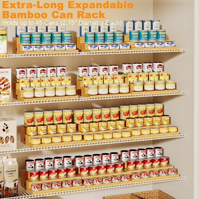 3-Tier Extra-Long Expandable Bamboo Can Rack for Pantry, Holds 45 Cans | Adjustable Pantry Can Organizer, Large Capacity Holds up to 45 Cans, Pantry Shelf & Countertop Storage (Patent Pending)