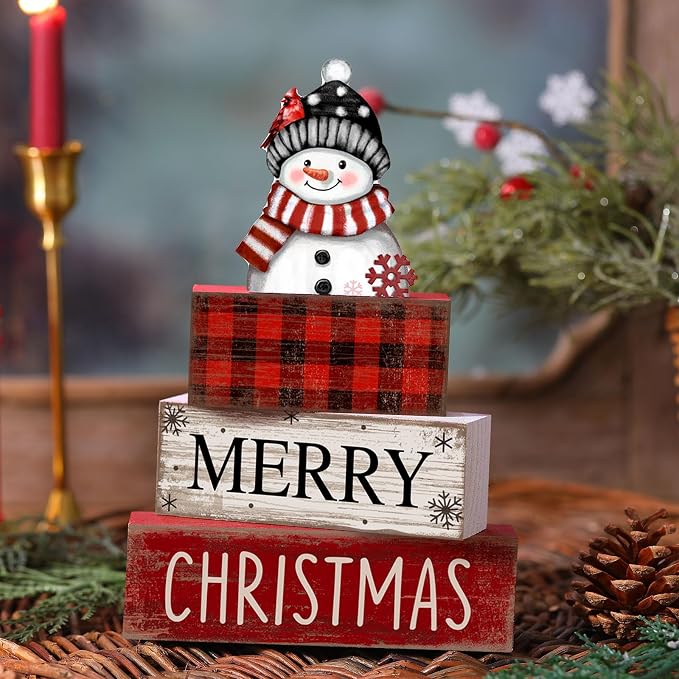 Lineshading 4 Pcs Christmas Table Decoration Wooden Snowman Decor Christmas Tiered Tray Decor Red Buffalo Plaid Block Signs Snowman Table Centerpiece Farmhouse Winter Decoration for Home Kitchen Shelf