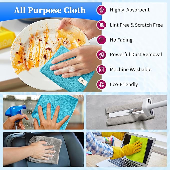 Microfiber Cleaning Cloth - Pack of 12, Multi-Functional Towels, Size: 12 x 16 in, Highly Absorbent Rags, Lint-Free, Streak-Free for Car, Kitchen, Home, Office