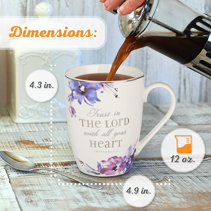 Christian Art Gifts Scripture Ceramic Encouraging Coffee and Tea Mug for Women: Trust in the Lord - Proverbs 3:5 Inspirational Bible Verse Cup for Hot and Cold Beverages, White & Purple Floral, 12 oz.